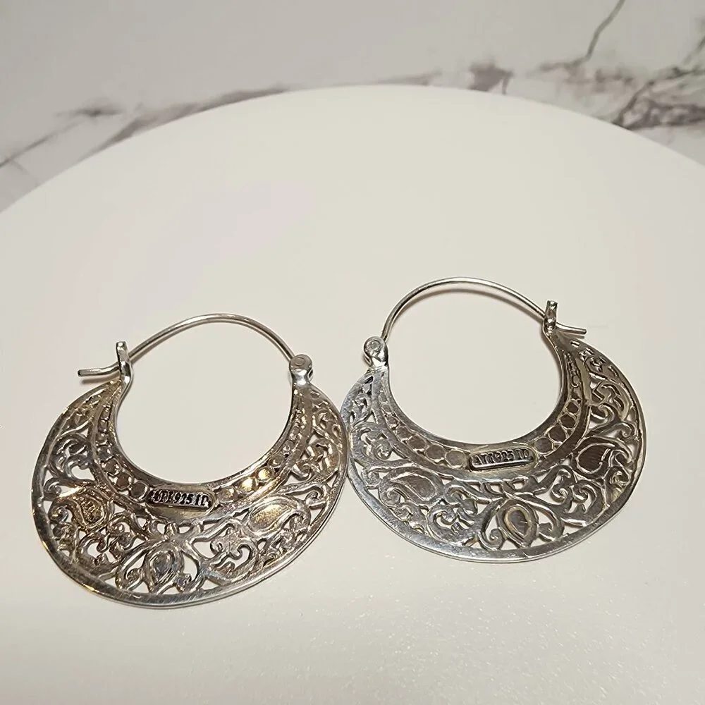 925 Silver Crescent Shape Filigree hoop Earrings